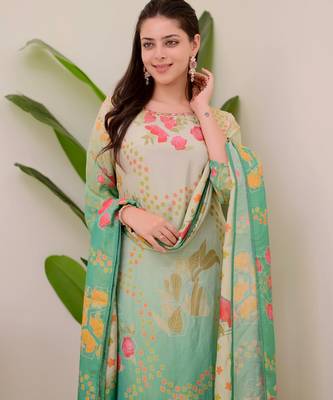 green colored party wear embroidered stitched aasam silk pant style kurti suit with duppatta 2