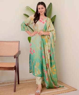 green colored party wear embroidered stitched aasam silk pant style kurti suit with duppatta 3