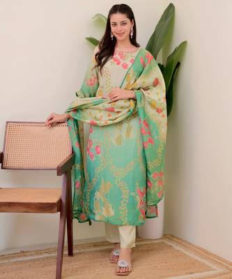 green colored party wear embroidered stitched aasam silk pant style kurti suit with duppatta 4