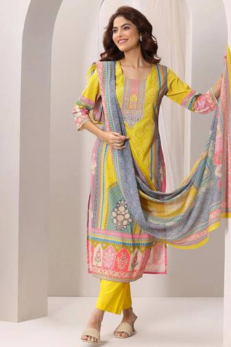 yellow colored party wear embroidered stitched crepe pant style kurti suit with duppatta