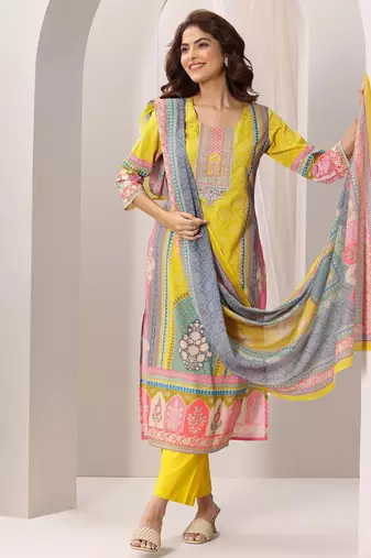 yellow colored party wear embroidered stitched crepe pant style kurti suit with duppatta