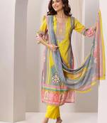 yellow colored party wear embroidered stitched crepe pant style kurti suit with duppatta