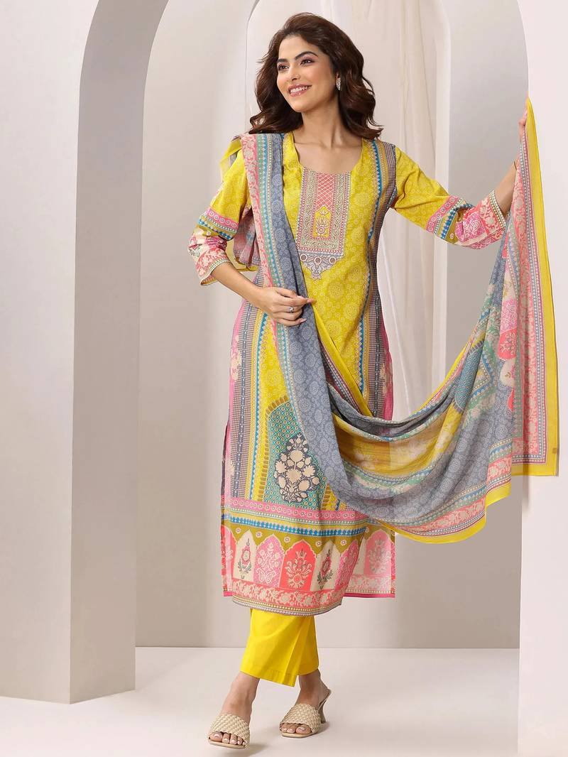 yellow colored party wear embroidered stitched crepe pant style kurti suit with duppatta