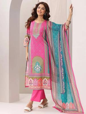 pink colored party wear embroidered stitched crepe pant style kurti suit with duppatta 1