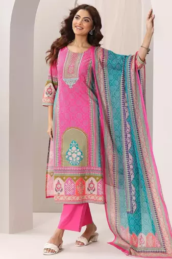 pink colored party wear embroidered stitched crepe pant style kurti suit with duppatta