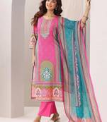 pink colored party wear embroidered stitched crepe pant style kurti suit with duppatta