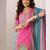pink colored party wear embroidered stitched crepe pant style kurti suit with duppatta