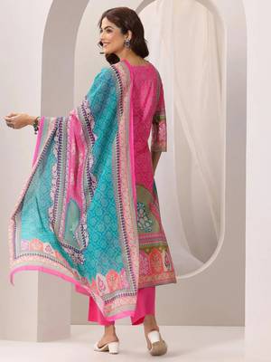 pink colored party wear embroidered stitched crepe pant style kurti suit with duppatta 3