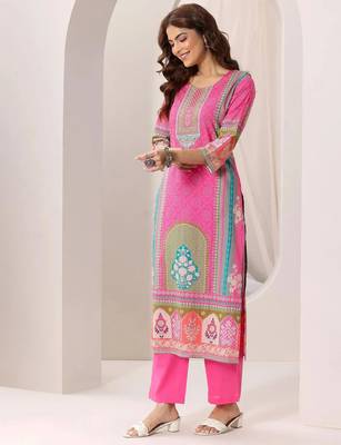 pink colored party wear embroidered stitched crepe pant style kurti suit with duppatta 4