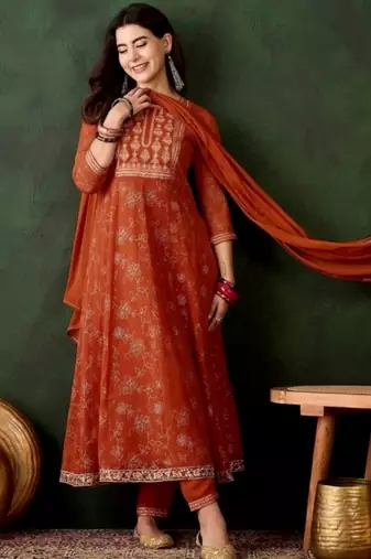 orange colored party wear embroidered stitched georgette pant style kurti suit with duppatta