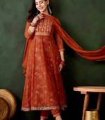 orange colored party wear embroidered stitched georgette pant style kurti suit with duppatta