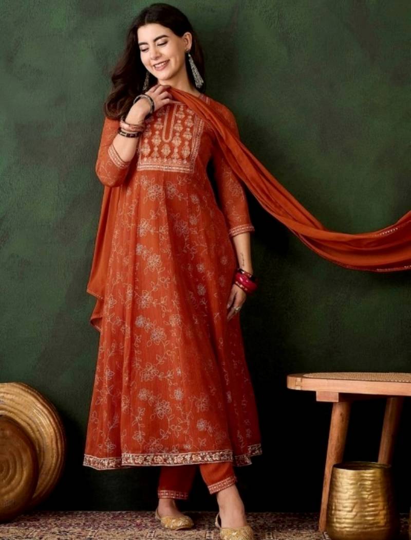 orange colored party wear embroidered stitched georgette pant style kurti suit with duppatta