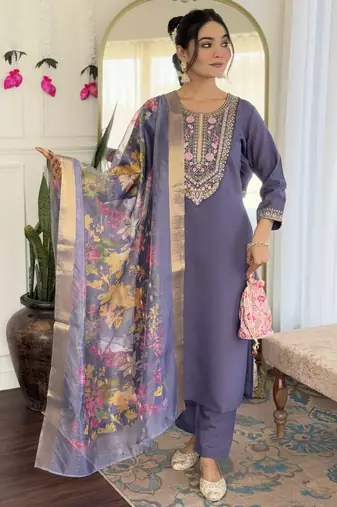 purple colored party wear embroidered stitched chanderi pant style kurti suit with duppatta