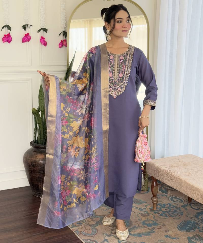 purple colored party wear embroidered stitched chanderi pant style kurti suit with duppatta