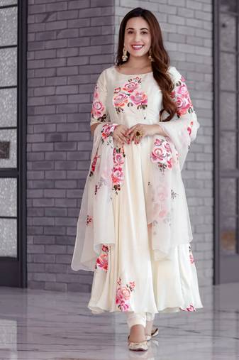 white colored party wear embroidered stitched georgette pant style kurti suit with duppatta