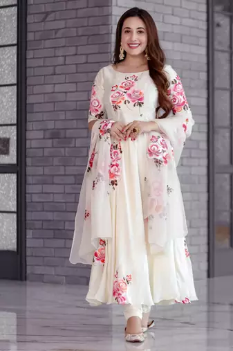 white colored party wear embroidered stitched georgette pant style kurti suit with duppatta