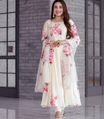 white colored party wear embroidered stitched georgette pant style kurti suit with duppatta