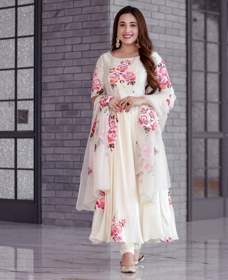 white colored party wear embroidered stitched georgette pant style kurti suit with duppatta