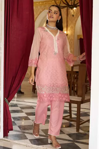 Anumeha salmon embroidery kurta pant set