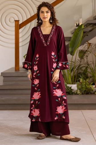 Kabool merlot embroidery kurta pant set