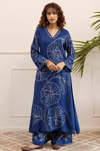 Kabool jayblue printed cotton kurta pant set