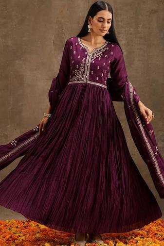 wine colored party wear embroidered stitched vichitra pant style kurti suit with duppatta