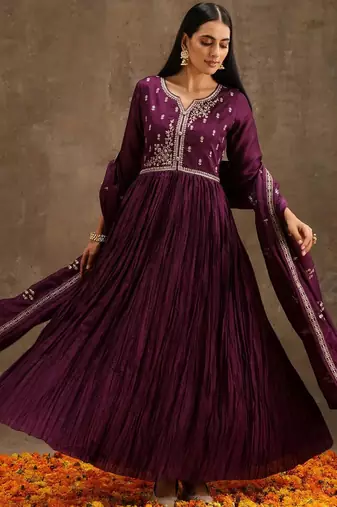 wine colored party wear embroidered stitched vichitra pant style kurti suit with duppatta
