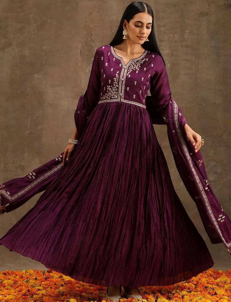 wine colored party wear embroidered stitched vichitra pant style kurti suit with duppatta