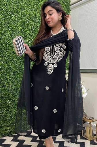  black colored party wear embroidered stitched chanderi pant style kurti suit with duppatta