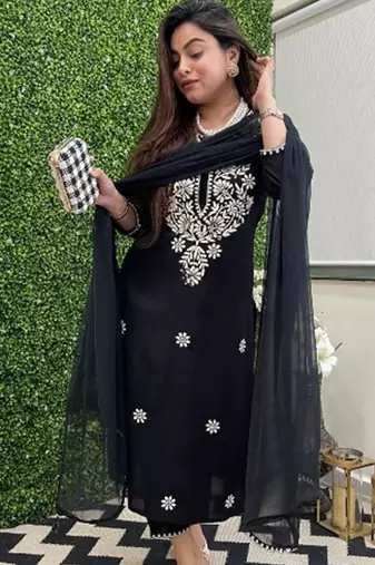  black colored party wear embroidered stitched chanderi pant style kurti suit with duppatta
