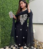  black colored party wear embroidered stitched chanderi pant style kurti suit with duppatta
