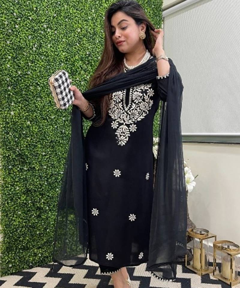  black colored party wear embroidered stitched chanderi pant style kurti suit with duppatta