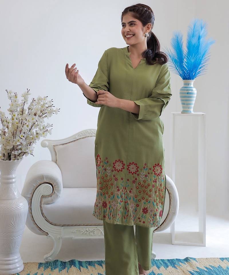 Viva forest embroidery cotton kurta pant set