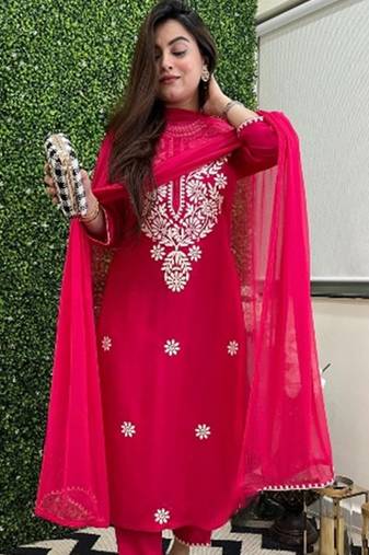 red colored party wear embroidered stitched chanderi pant style kurti suit with duppatta