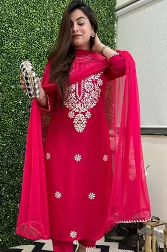red colored party wear embroidered stitched chanderi pant style kurti suit with duppatta