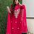 red colored party wear embroidered stitched chanderi pant style kurti suit with duppatta