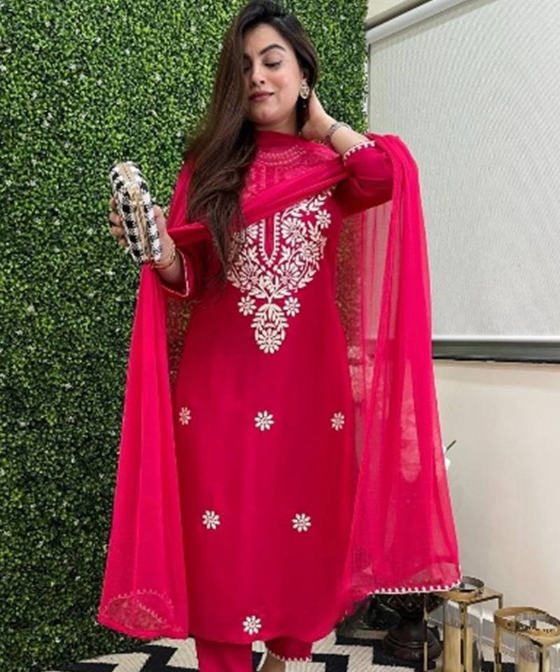 red colored party wear embroidered stitched chanderi pant style kurti suit with duppatta