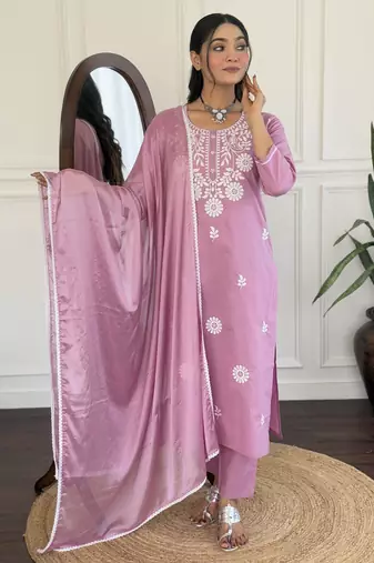  pink colored party wear embroidered stitched viscose pant style kurti suit with duppatta