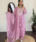  pink colored party wear embroidered stitched viscose pant style kurti suit with duppatta
