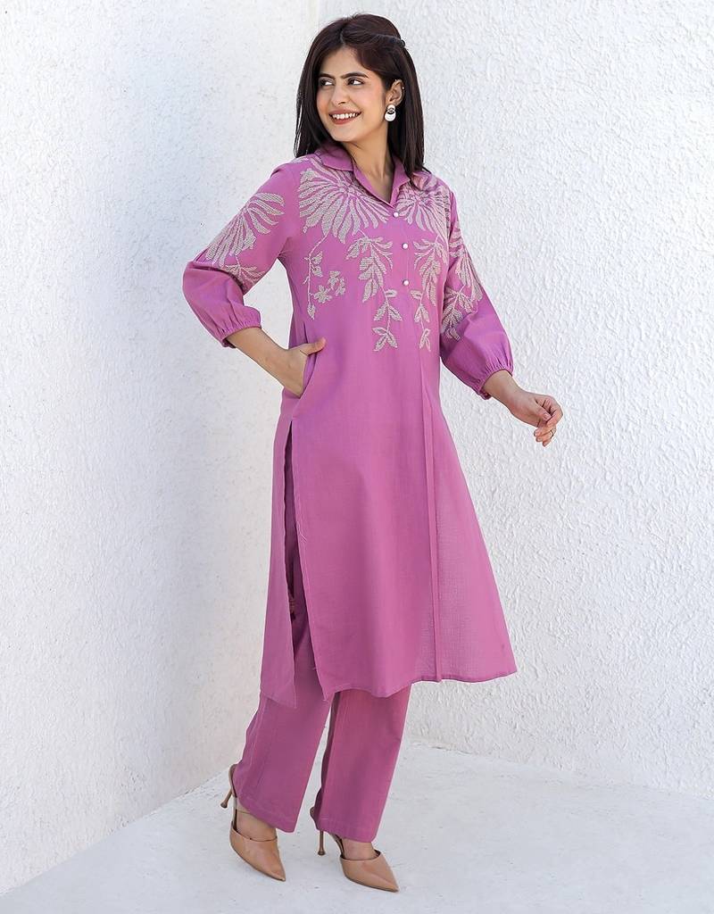 Viva periwinkle embroidery cotton kurta pant set