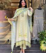 off white colored party wear embroidered stitched linen silk pant style kurti suit with duppatta