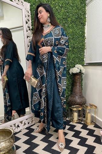  blue party wear embroidered stitched chanderi pant style kurti suit with duppatta