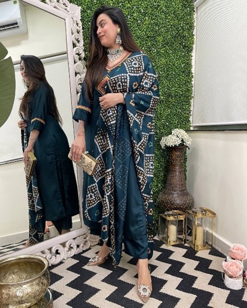  blue party wear embroidered stitched chanderi pant style kurti suit with duppatta
