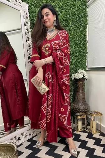 red colored party wear embroidered stitched chanderi pant style kurti suit with duppatta
