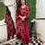 red colored party wear embroidered stitched chanderi pant style kurti suit with duppatta