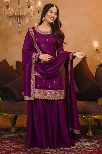 wine colored party wear embroidered stitched vichitra pant style kurti suit with duppatta