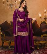 wine colored party wear embroidered stitched vichitra pant style kurti suit with duppatta