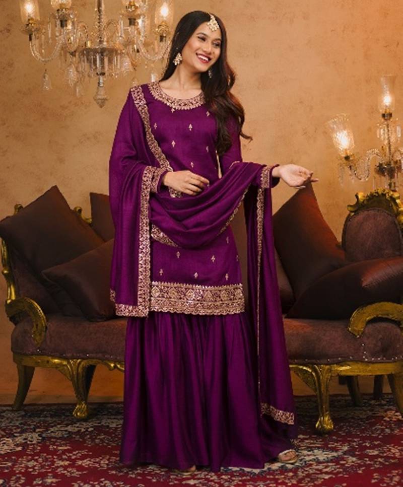 wine colored party wear embroidered stitched vichitra pant style kurti suit with duppatta
