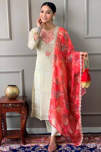 off white colored party wear embroidered stitched chanderi silk pant style kurti suit with duppatta