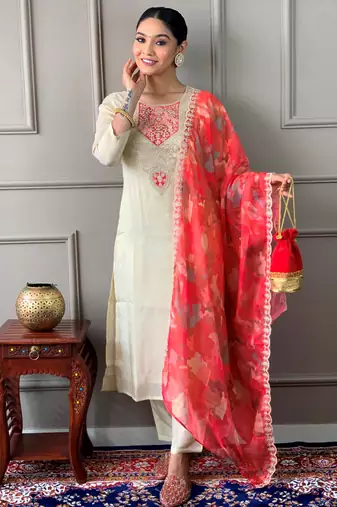 off white colored party wear embroidered stitched chanderi silk pant style kurti suit with duppatta